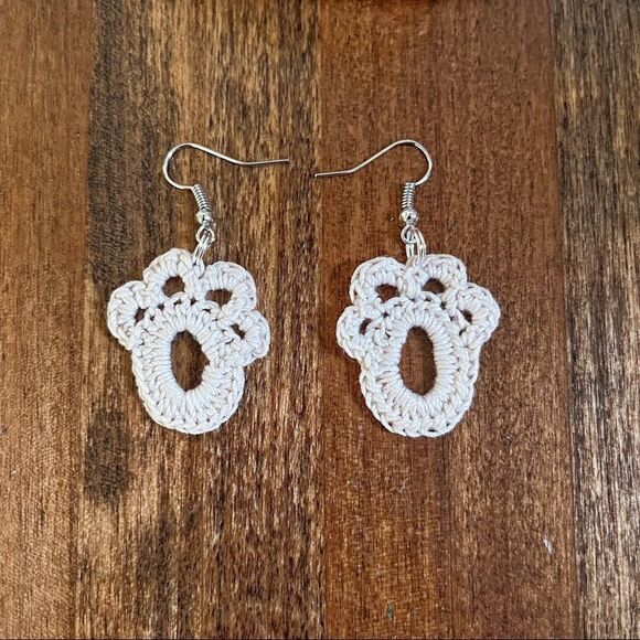 Hand Crafted Crochet Paw Print Fish Hook Earrings Tan Silver - Picture 5 of 11